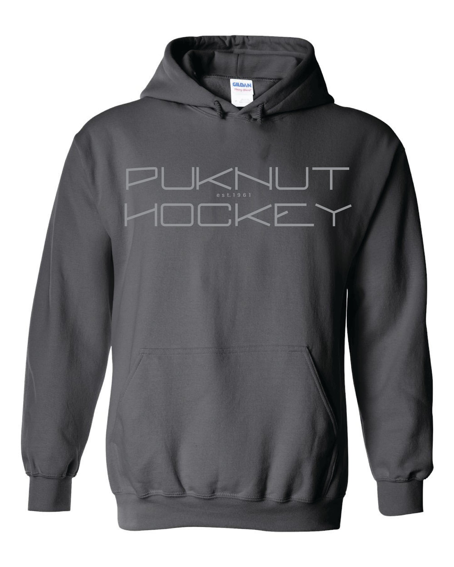 PUKNUT Hockey Hoodie - Charcoal - puknut hockey text - Gray ink