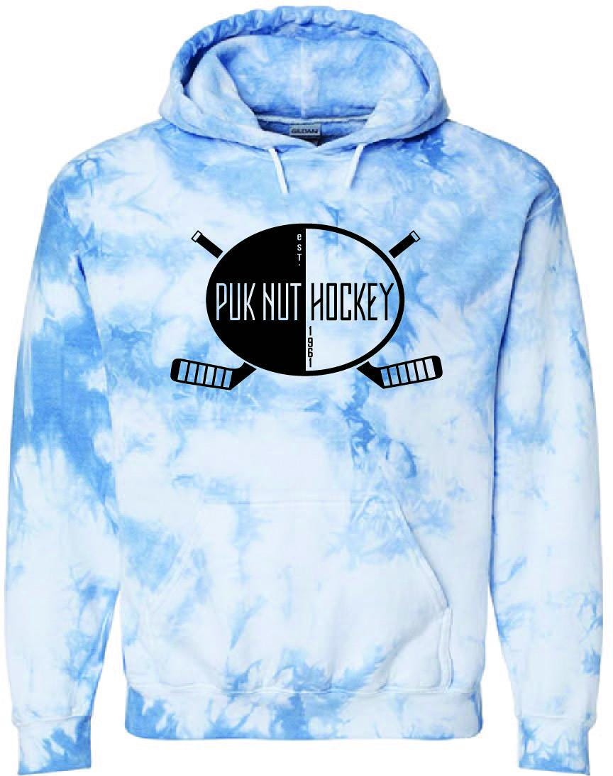 PUKNUT Hockey tie-dye hoodie, black print cross stick logo, limited edition.