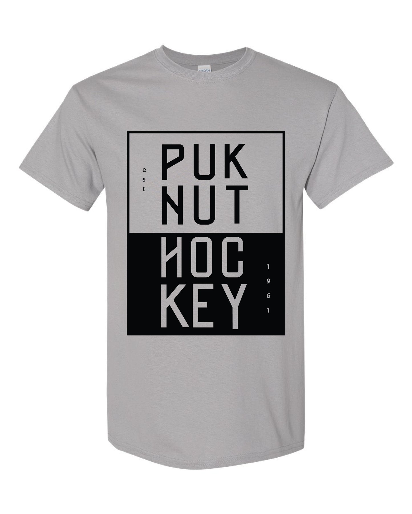 PUKNUT T-shirt, black ink on light gray color t-shirt, block design