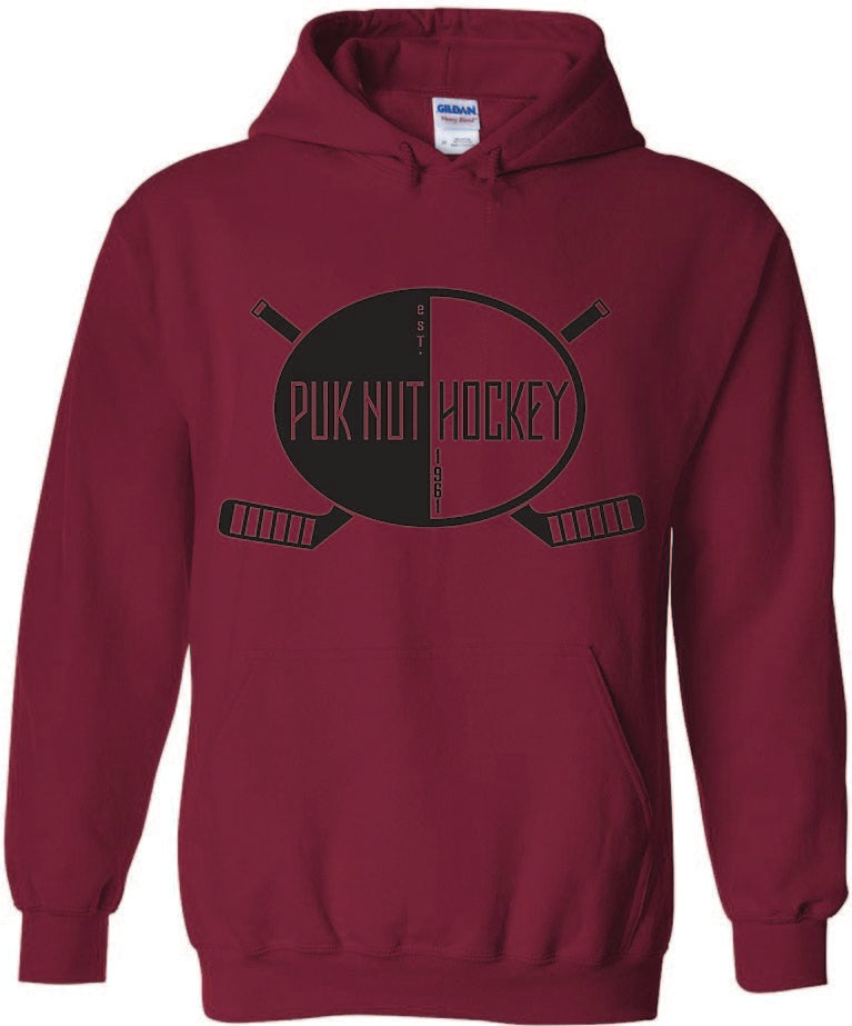 PUKNUT Hockey Hoodie - Cardinal - Two Stick Logo - Black Print