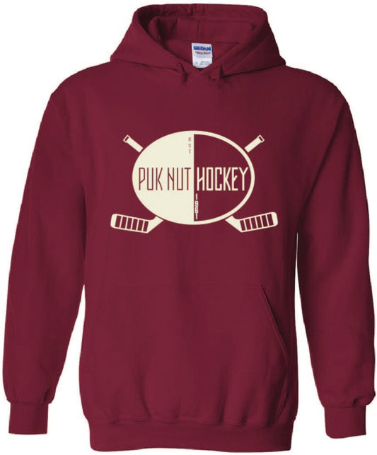 PUKNUT Hockey Hoodie - Cardinal - Two Stick Logo - White Print