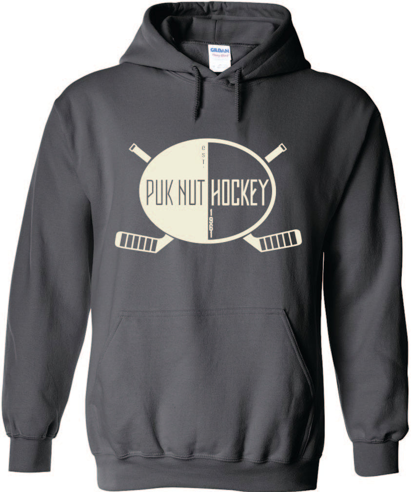 PUKNUT Hockey Hoodie - Charcoal - Two Stick Logo - White Print