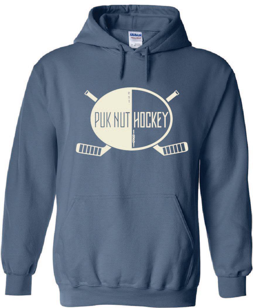 PUKNUT Hockey Hoodie - Indigo - Two Stick Logo - White Print