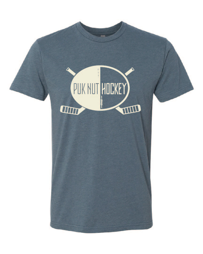 PUKNUT Hockey Tri-blend T-Shirt - Indigo - Two Stick Logo - White Print