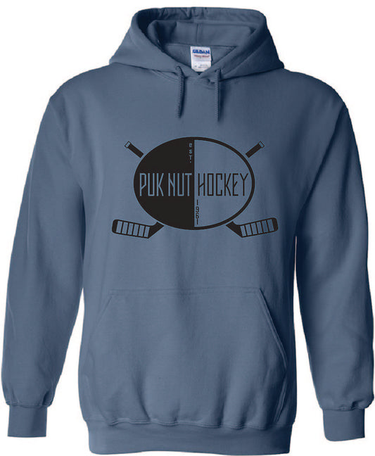 PUKNUT Hockey Hoodie - Indigo - Two Stick Logo - Black Print