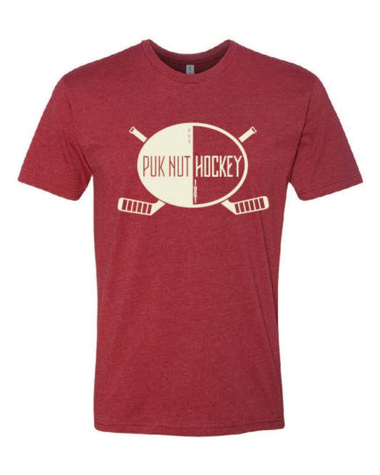 PUKNUT Hockey Tri-blend T-Shirt - Cardinal - Two Stick Logo - White Print