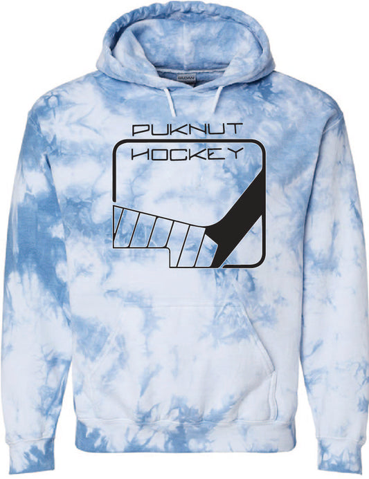 PUKNUT Hockey Hoodie - Stick Logo - Black Print on Blue Tie-Dye Limited Edition