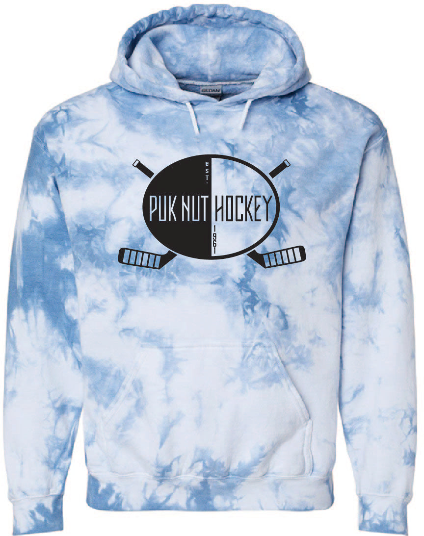 PUKNUT Hockey Hoodie - Two Stick Logo - Black Print on Blue Tie-Dye Limited Edition