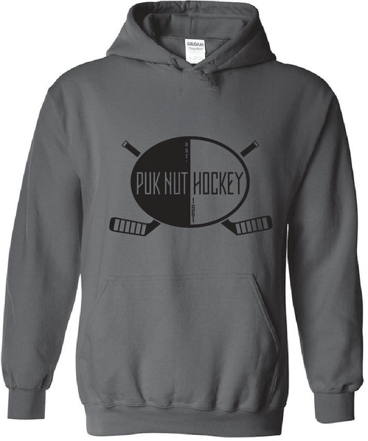 PUKNUT Hockey Hoodie - Charcoal - Two Stick Logo - Black Print