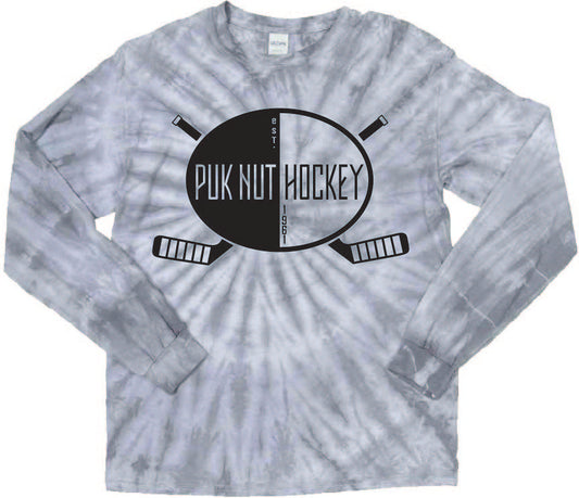 PUKNUT Hockey Long Sleeve T-Shirt - Two stick logo - Black Print on Gray Tie-Dye