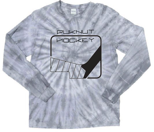 PUKNUT Hockey Long Sleeve T-Shirt - One stick logo - Black Print on Gray Tie-Dye